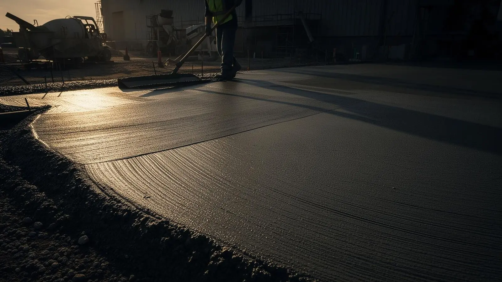 Freshly finished concrete slab at sunrise